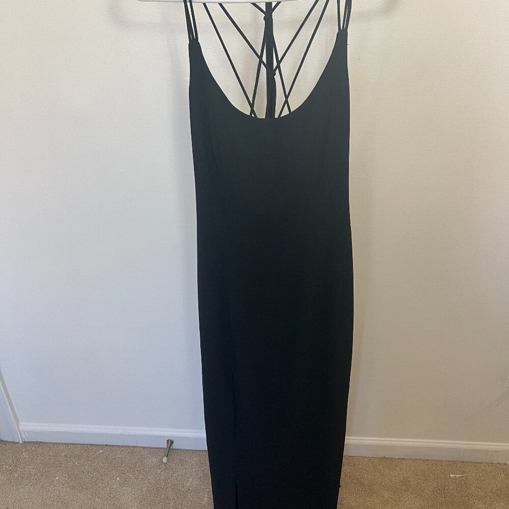 Tempo Paris Black Maxi Dress Size 6 Strappy Back Slit Evening Gown